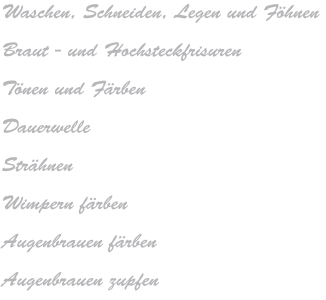 Waschen, Schneiden, Legen und Föhnen Braut - und Hochsteckfrisuren Tönen und Färben Dauerwelle Strähnen Wimpern färben Augenbrauen färben Augenbrauen zupfen